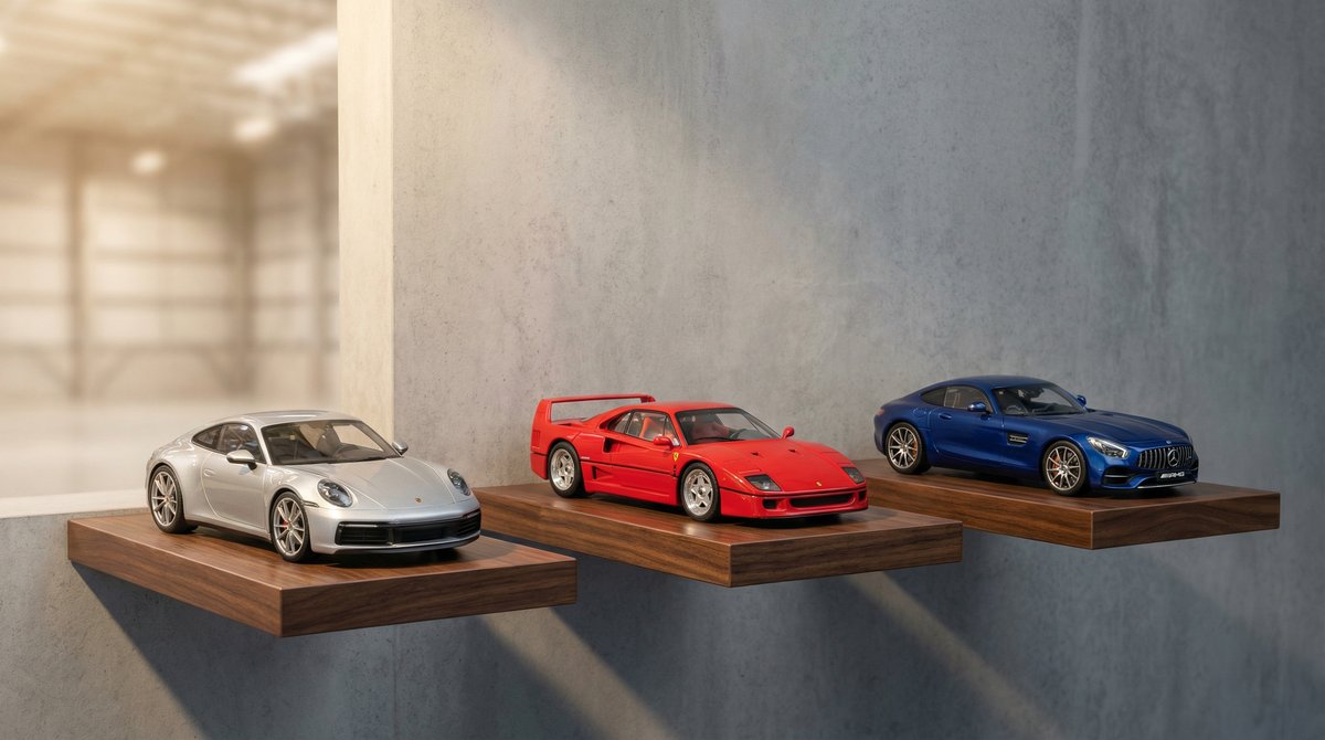 Models118 lager med samlarmodellbilar i diecast pa utstaellningshyllor i Czestochowa, Polen